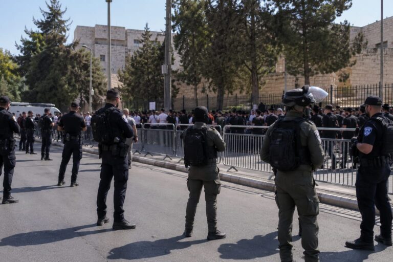 כוחות משטרה ומג"ב סמוך ללשכת הגיוס בירושלים לצד גדרות משטרה ומפגינים