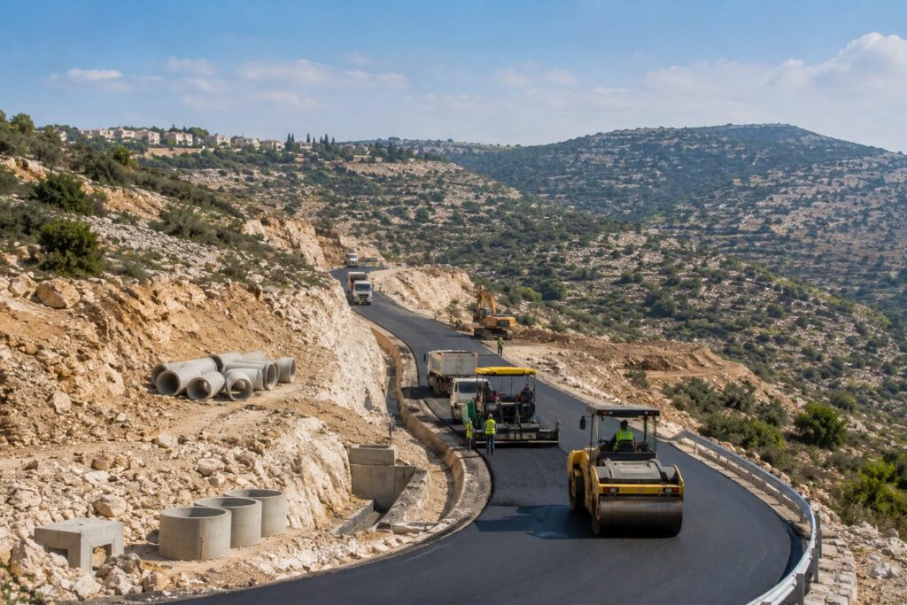 הדמיה של כביש גישה חדש באזור הררי ביהודה ושומרון לצד כלי עבודה ותשתיות