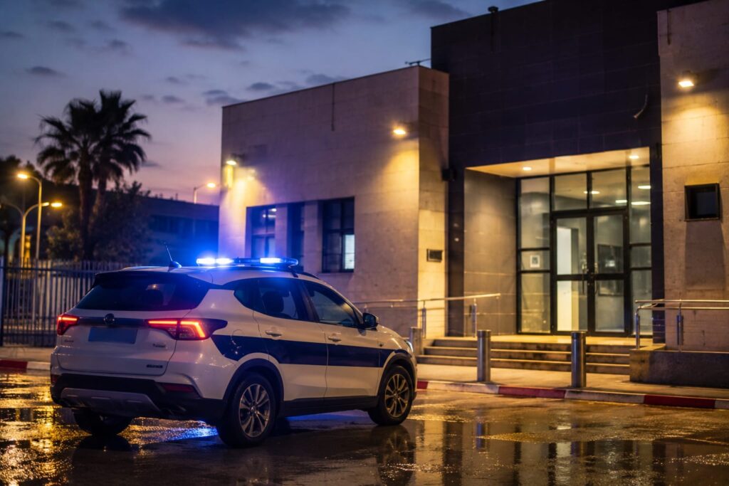 צילום אילוסטרציה של ניידת משטרה מחוץ לתחנת אשקלון בשעות הערב