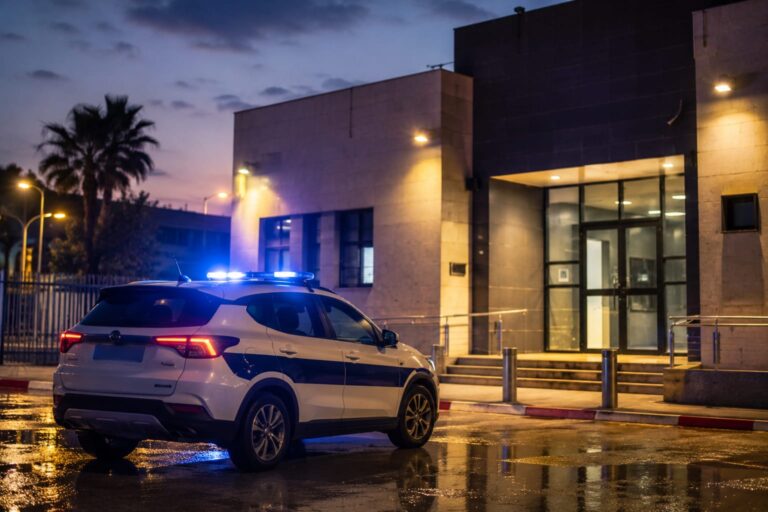 צילום אילוסטרציה של ניידת משטרה מחוץ לתחנת אשקלון בשעות הערב