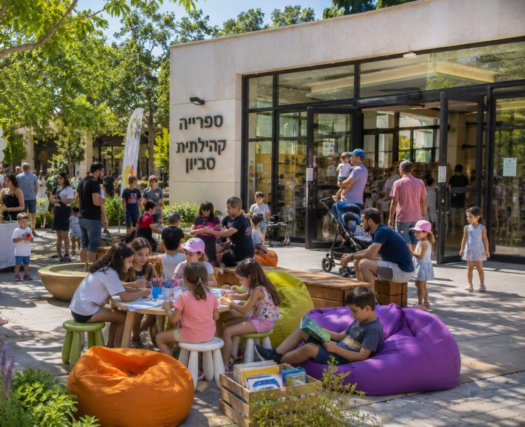 קיץ של משפחות וילדים מחוץ לספרייה קהילתית או למרכז תרבות, עם אווירה קהילתית חמימה