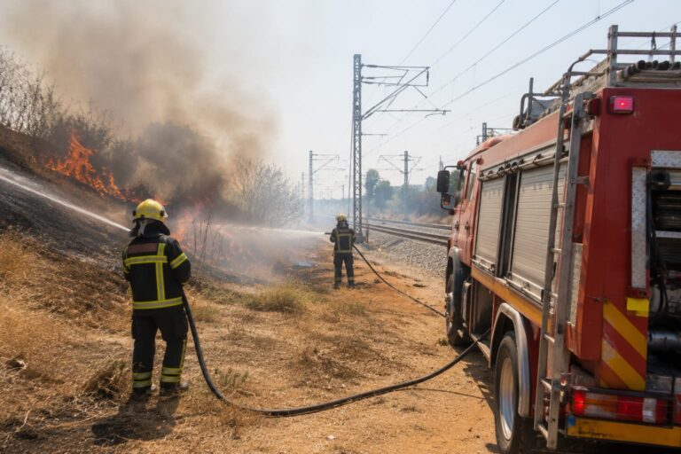 לוחמי אש פועלים לכיבוי שריפת קוצים סמוך למסילת רכבת, עם עשן ברקע וניידת כיבוי