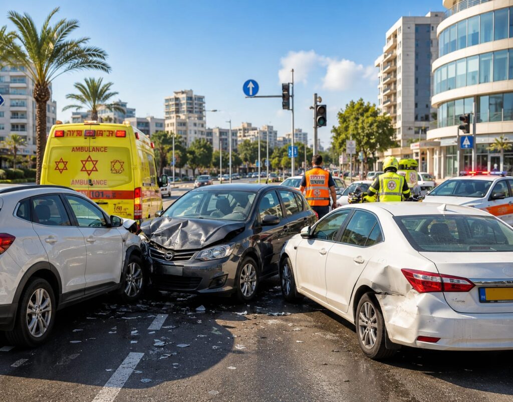 ילוסטרציה של זירת תאונה עירונית שבה מעורבים שלושה כלי רכב פרטיים, לצד אמבולנס מד״א וכוחות הצלה