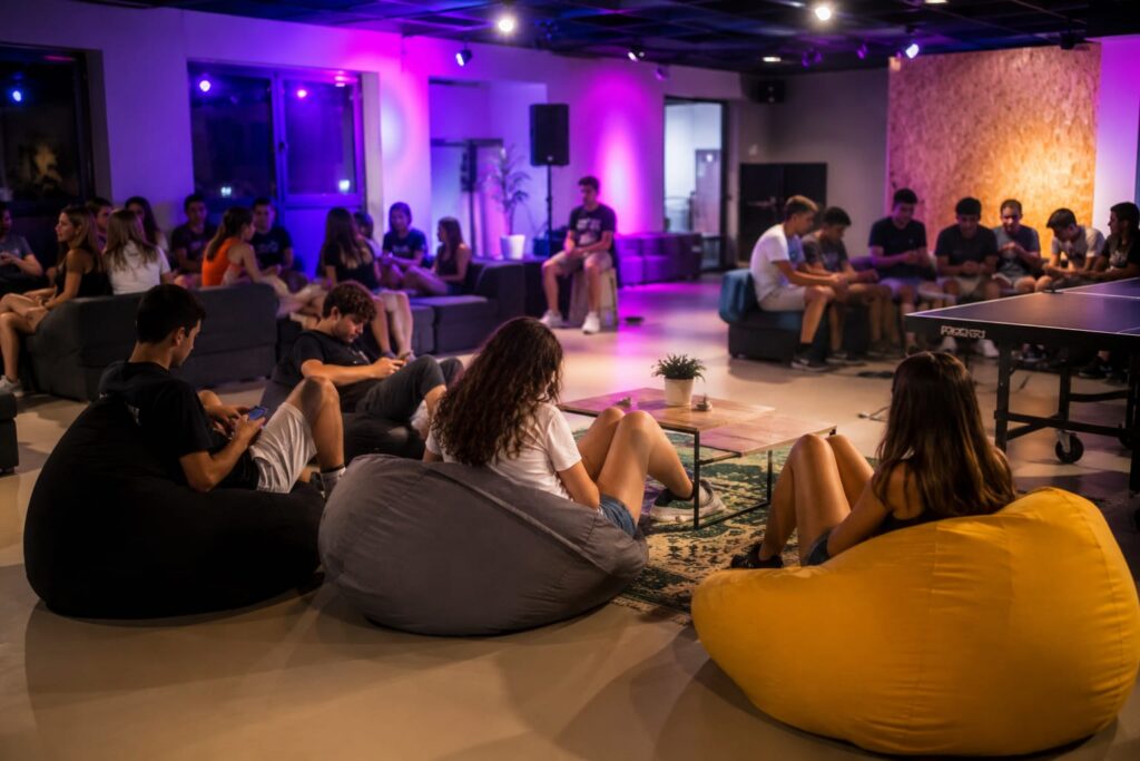 בני ובנות נוער יושבים יחד בפופים ובפינות ישיבה במועדון נוער מודרני, עם מוזיקה, תאורה צבעונית ואווירת קיץ