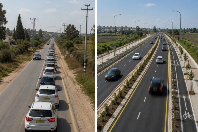 מצד אחד כביש צר עם עומסי תנועה, ומהצד השני אותו ציר לאחר הרחבה עם שני נתיבים לכל כיוון, שביל אופניים, מדרכות ותאורת רחוב חדשה