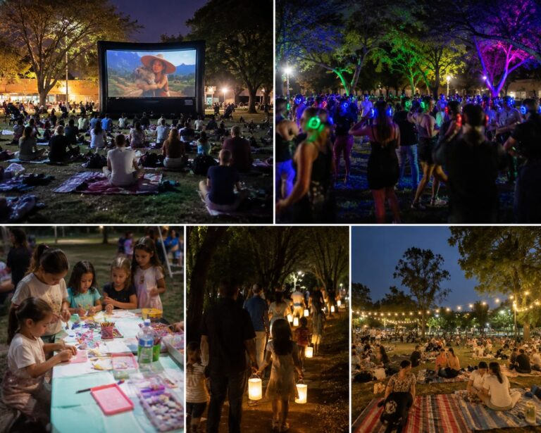 קולאז' ריאליסטי המציג פארק עירוני בגבעתיים בשעות הערב עם הקרנת סרט על מסך ענק, משפחות על מחצלות, מסיבת אוזניות צבעונית, סדנת יצירה לילדים וטיול עששיות בין עצים, באווירת קיץ חגיגית