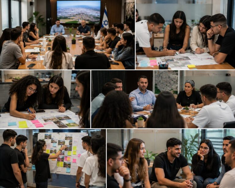 צעירים וצעירות מאופקים יושבים סביב שולחן דיונים בעירייה, מעלים רעיונות, עובדים על לוחות תכנון ומשוחחים עם נציגי העיר, באווירה של מנהיגות, יזמות ועשייה קהילתית