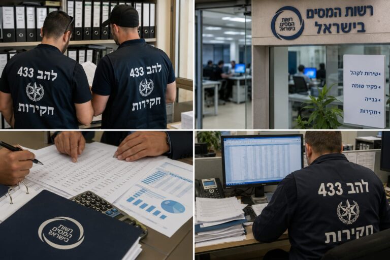 חוקרי להב 433 ורשות המסים במהלך פעילות אכיפה, כשברקע מסמכים פיננסיים ומשרדי רשות המסים