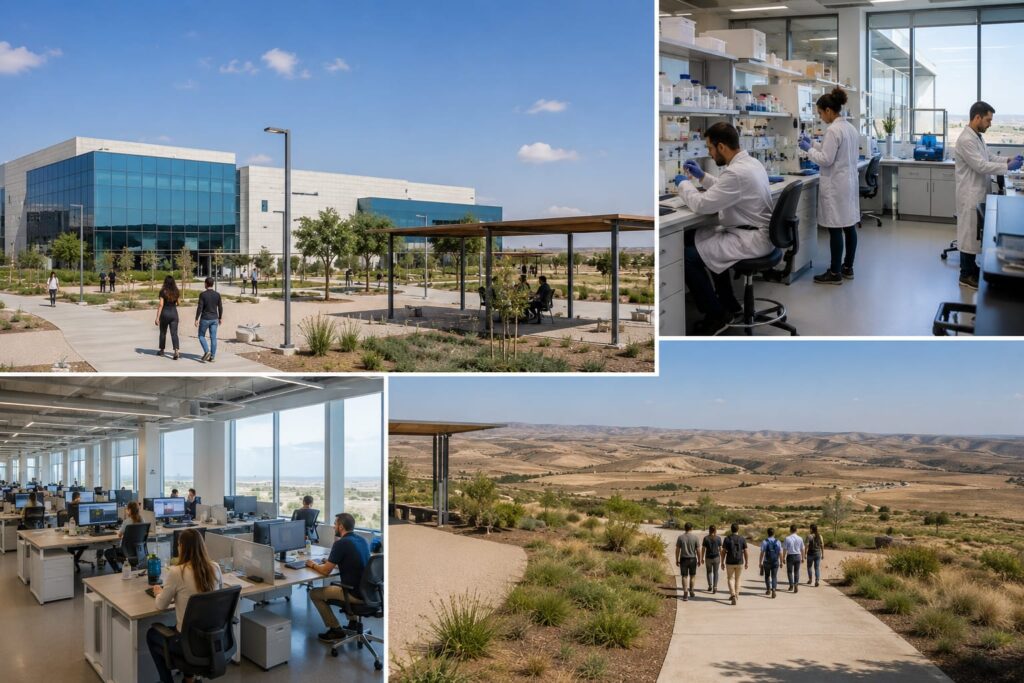 פארק הייטק או מתחם חדשנות בדרום הארץ, עם מבני מחקר מודרניים, עובדים, מעבדות ונוף פתוח האופייני לאזור חבל תקומה
