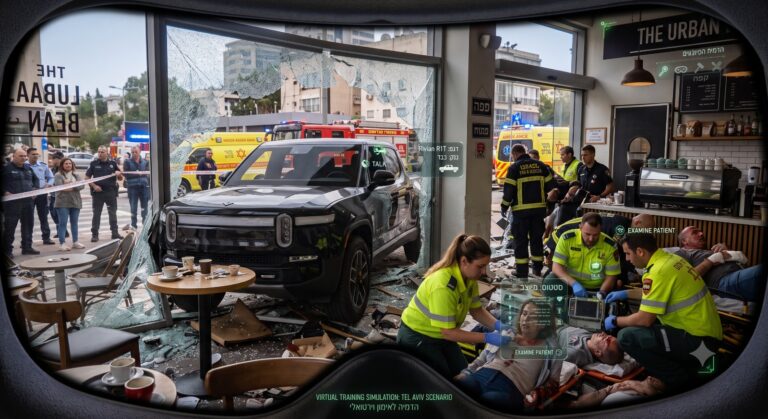 הדמיה ריאליסטית של מרכז שליטה מתקדם המציג מודל תלת־ממדי של העיר שדרות על מסכים גדולים, כשאנשי כוחות החירום ומקבלי החלטות מתרגלים תרחיש חירום באמצעות טכנולוגיות מציאות מדומה ובינה מלאכותית