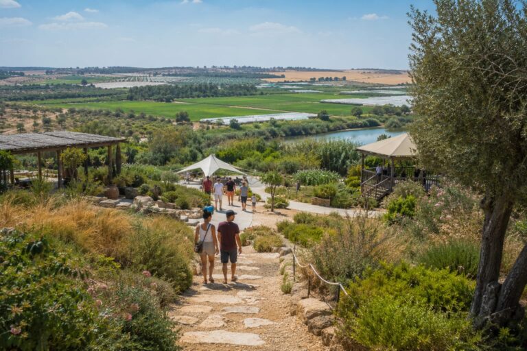 נופי הנגב המערבי עם שדות ירוקים, אתרי תיירות ואטרקציות מקומיות, כשברקע מבקרים מטיילים באזור באווירה קיצית