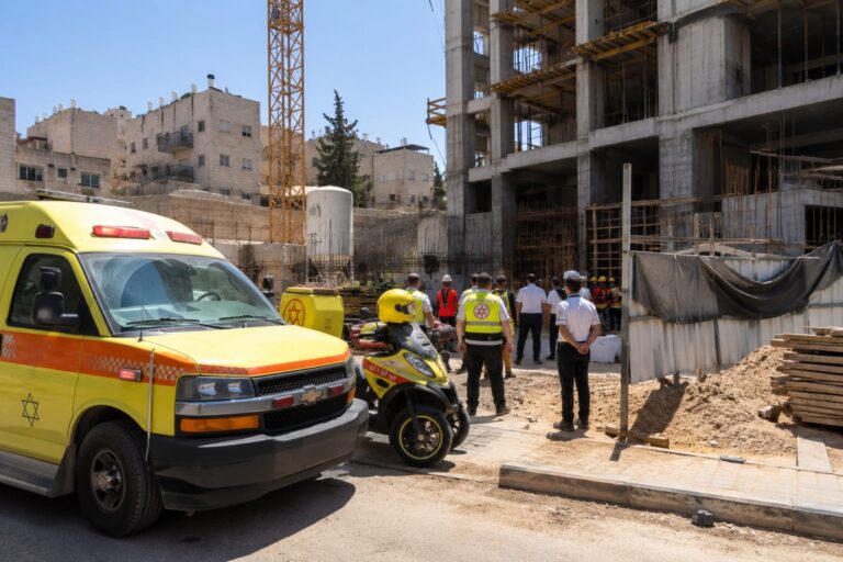 אתר בנייה בירושלים בשעות הבוקר, עם ניידת מד"א וכוחות הצלה סמוך למבנה בבנייה