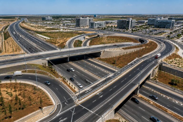 מחלף מודרני המחבר את כביש 6 לאזור התעסוקה במזרח קריית גת, עם כלי רכב זורמים ותשתיות חדשות,