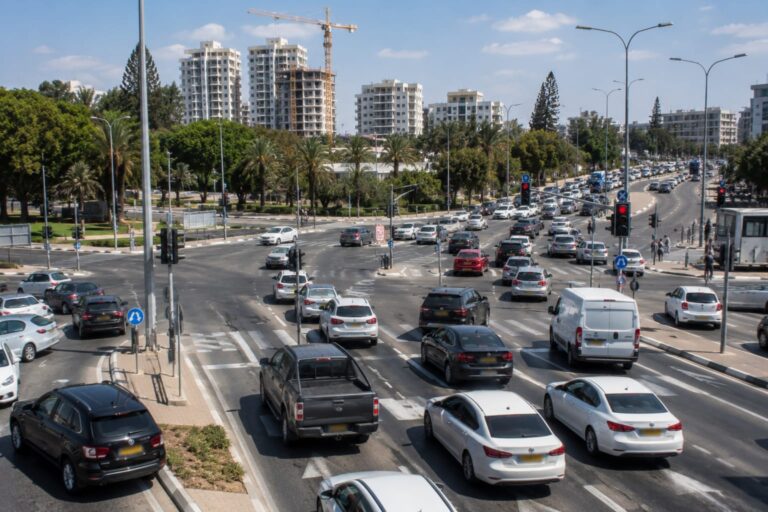 צומת עירוני עמוס באזור השרון, עם כלי רכב, רמזורים ומעברי חצייה