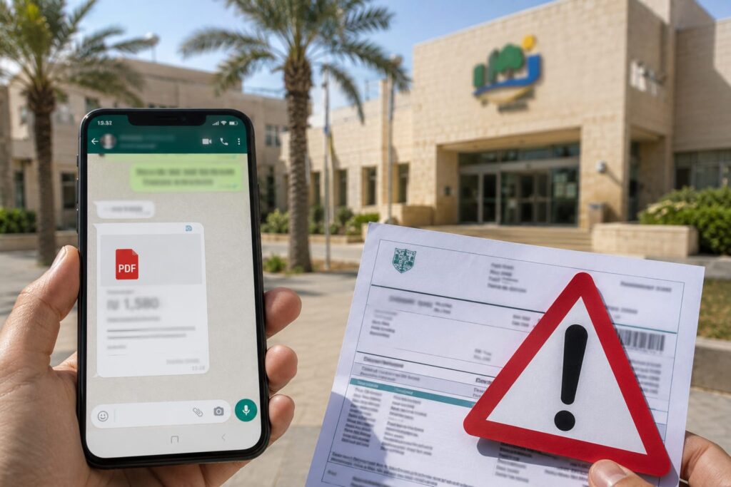 טלפון נייד המציג הודעת תשלום חשודה בוואטסאפ, לצד מסמך הנחזה להיות רשמי עם סימני אזהרה, ברקע בניין המועצה המקומית גדרה