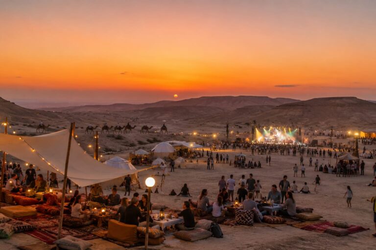 שקיעה במדבר סמוך לדימונה, אוהלים ופינות ישיבה, תצפית כוכבים, מטיילים ומשפחות, גמלים ברקע ובמת הופעות מוארת באווירת פסטיבל קיץ