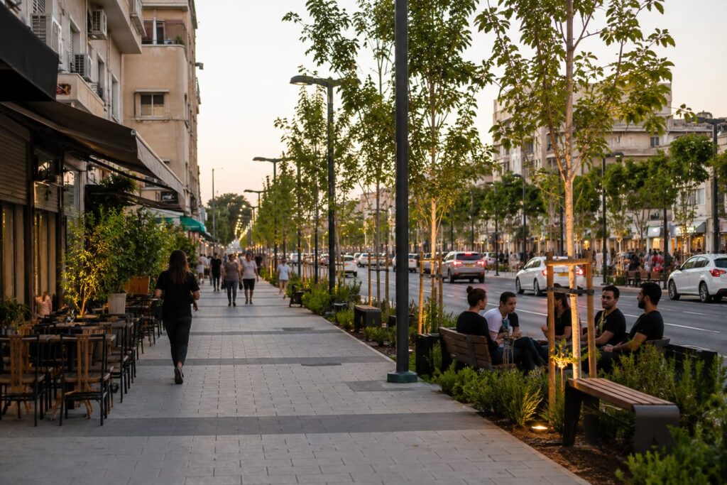 רחוב חובבי ציון המחודש בפתח תקווה, מדרכות רחבות, עצים צעירים, בתי עסק, הולכי רגל ופינות ישיבה באווירת מרכז עיר מודרני