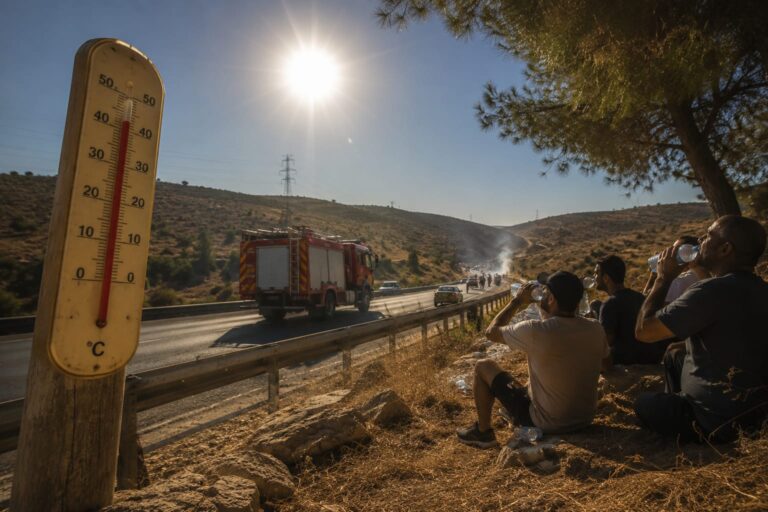 שמש קופחת מעל נוף ישראלי בקיץ, כביש לוהט, מד חום גבוה, צוותי כבאות ברקע ואנשים שותים מים בצל