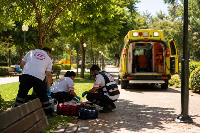 צוות מד"א מעניק טיפול רפואי בגינה ציבורית עירונית ביום קיץ חם, אמבולנס ברקע, שמש חזקה ושבילי פארק
