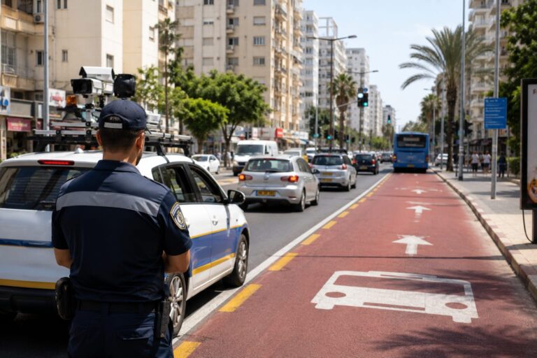רחוב מרכזי בבת ים עם נתיב תחבורה ציבורית מסומן, פקח עירוני ורכב אכיפה עירוני עם מצלמות ברקע, כלי רכב ותנועה עירונית בשעות היום