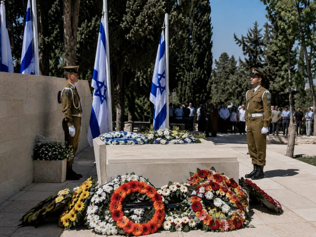 קברו של בנימין זאב הרצל בהר הרצל בירושלים, דגלי ישראל, משמר כבוד וזרי פרחים באווירה ממלכתית