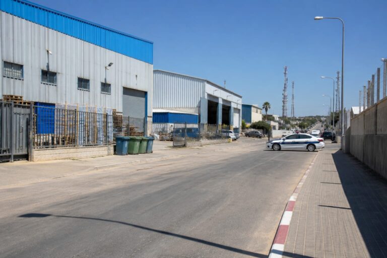 אזור התעשייה עמק שרה בבאר שבע, מבני תעשייה ובתי עסק, ניידת משטרה ברקע, אווירה תעשייתית בשעות היום