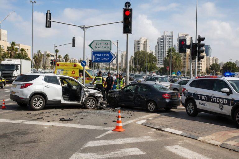 צומת עירוני גדול עם רמזורים, ניידת משטרה ורכב שנפגע בתאונת דרכים, כשברקע תנועה עירונית