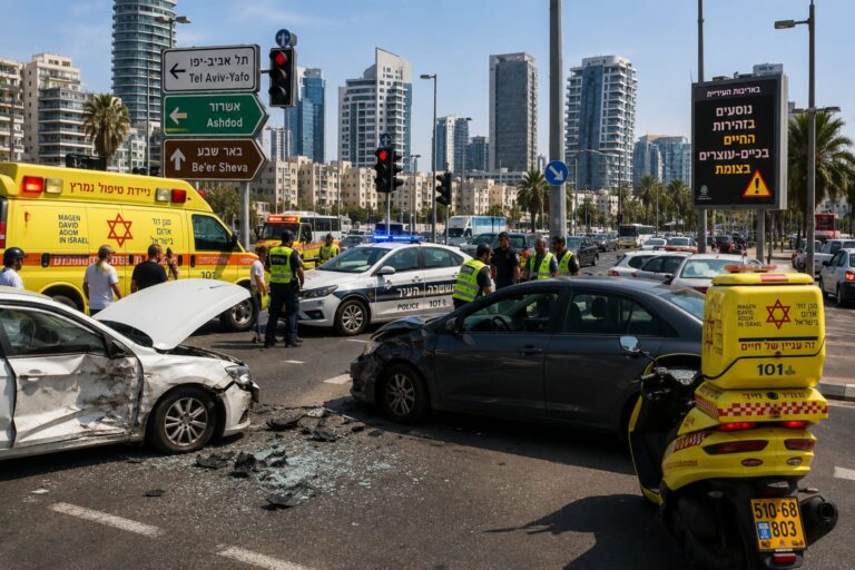 צומת מרכזי בתל אביב עם עומסי תנועה, רמזורים וניידת משטרה בזירת תאונ