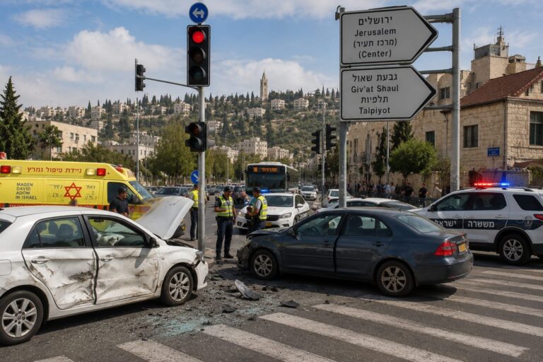 צומת עירוני עמוס בירושלים עם רמזורים, מעברי חצייה ותנועת כלי רכב, כשנראים כוחות חירום בזירת תאונה