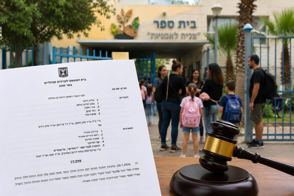 שער בית ספר עירוני באשדוד בשעת בוקר, הורים וילדים עומדים מחוץ למבנה לצד תיקי לימודים ושלט בית הספר מטושטש ברקע, ובקדמת התמונה מסמך משפטי ופטיש שופט הממחישים את המאבק המשפטי