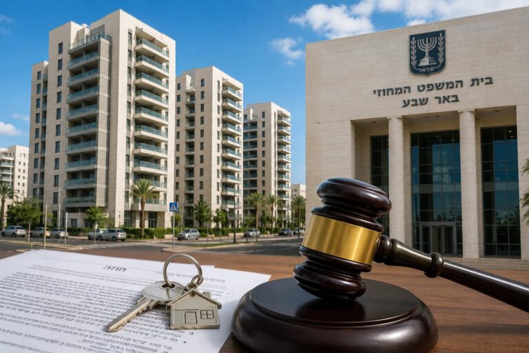 בנייני מגורים חדשים בשכונת עיר ימים באשקלון, כשברקע נראה בית משפט וסמל מאזני הצדק