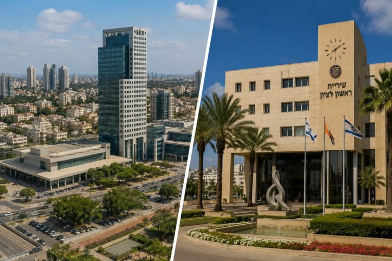 קו הרקיע של באר שבע ואת מבני העיר ראשון לציון, עם בניין עירייה או אזור עירוני מרכזי בכל אחת מהערים;