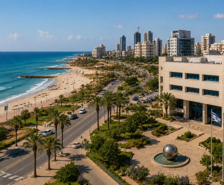 קו החוף של אשקלון בשילוב בניין עיריית אשקלון או אזור מרכזי בעיר, עם אלמנטים עירוניים מודרניים המשדרים התחדשות ופיתוח