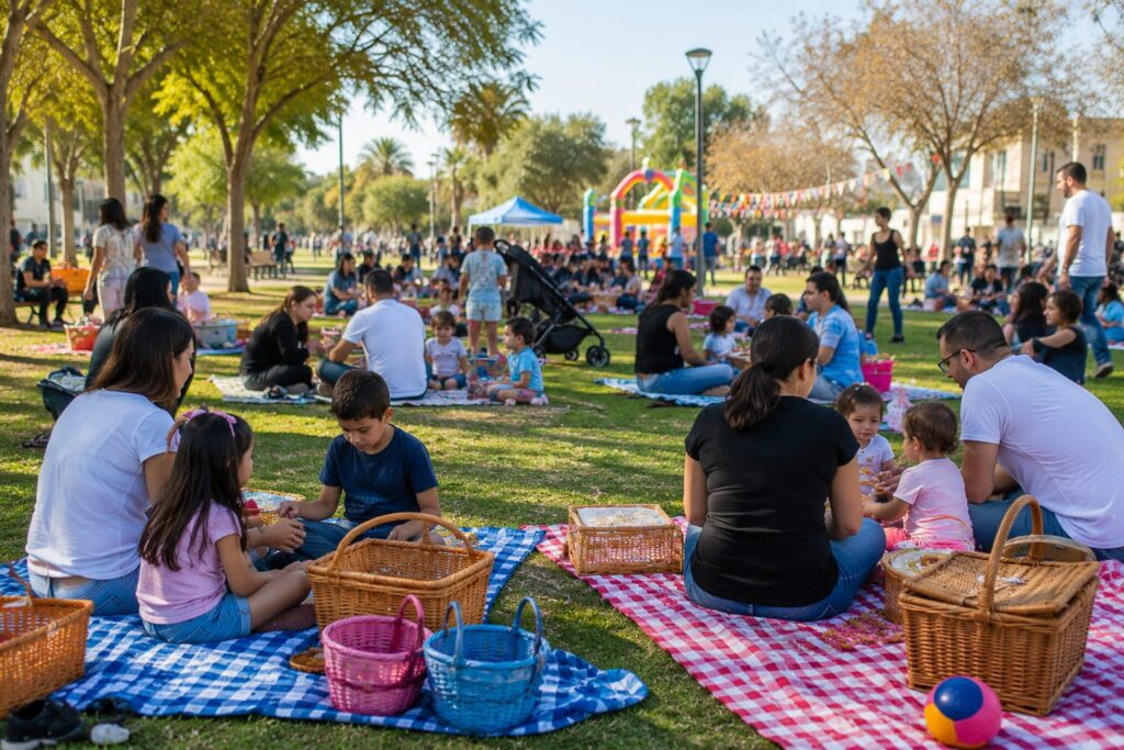משפחות יושבות על שמיכות בפארק עם סלי פיקניק צבעוניים במסגרת אירוע קהילתי באופקים